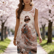 Plus Size Japanese Cherry Blossom Print Sleeveless Casual Dress – Round Neck, Machine Washable