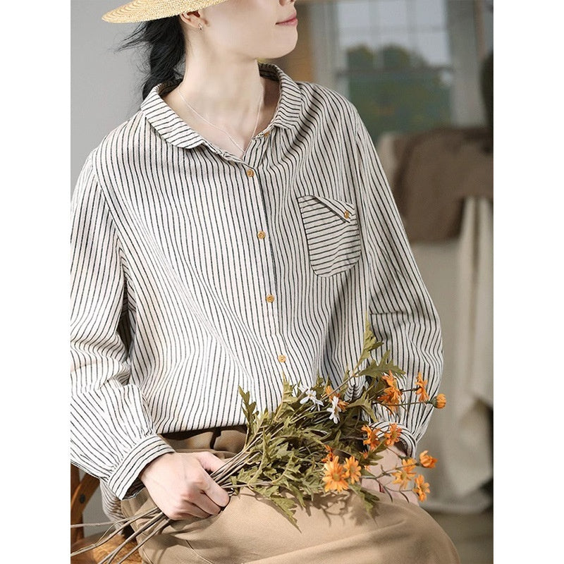 Retro Cotton Linen Long Sleeve Blouse Striped Brushed Original Art