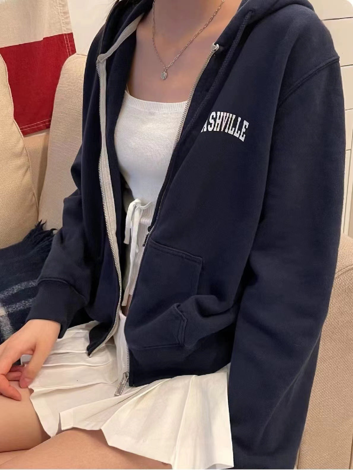 Women's Letter Print Zip-Up Hooded Slimming Cardigan