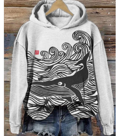 Plus Size Plum Blossom Hooded Casual Pullover