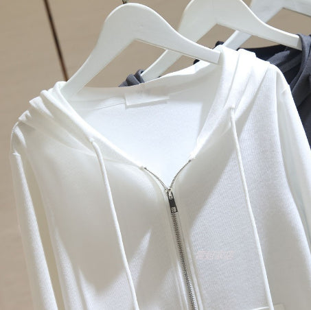 White Hooded Long Sleeve Zip-Up Crop Sweater