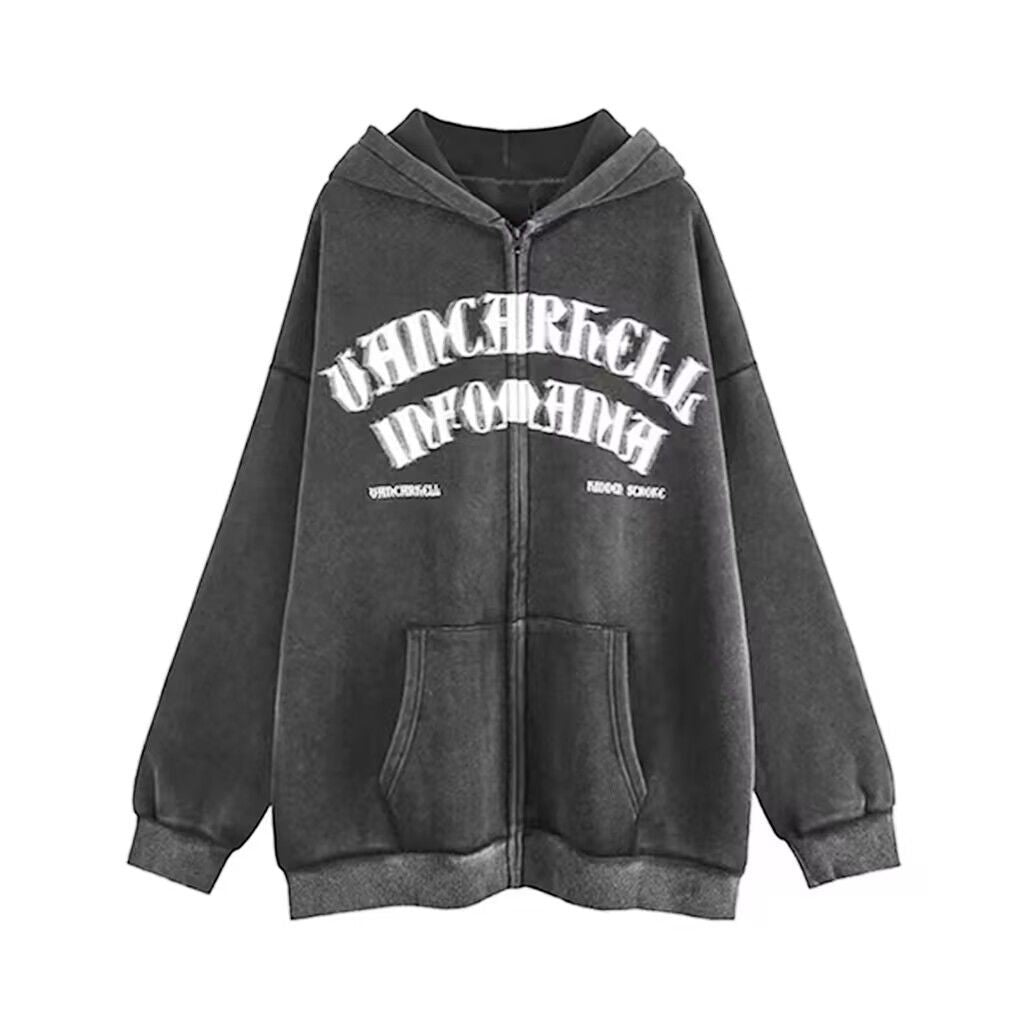 Vintage Distressed Oversized Letter Zip Hoodie