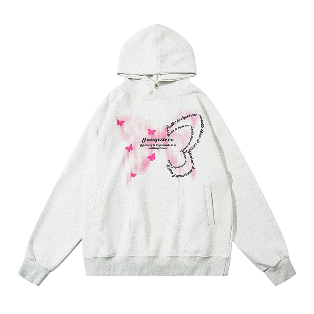 Butterfly Print Street Style Loose Hooded Pullover