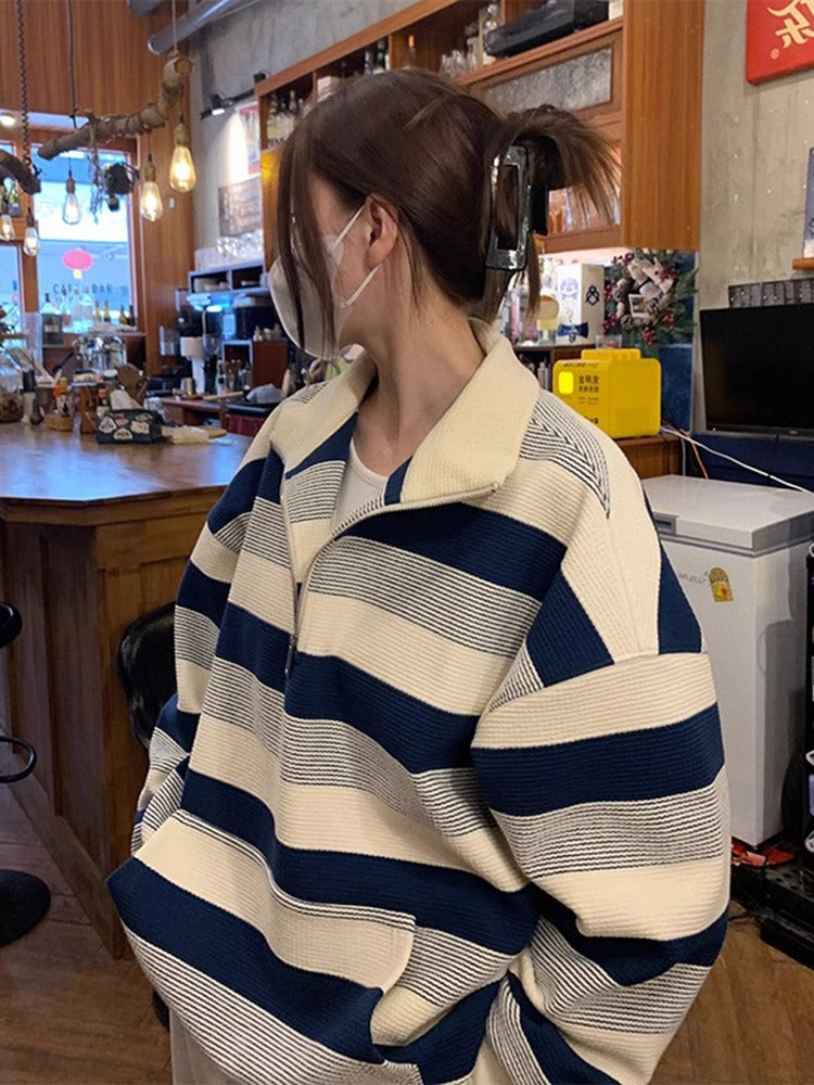 Women's Retro Half-Zip Striped Sweatshirt