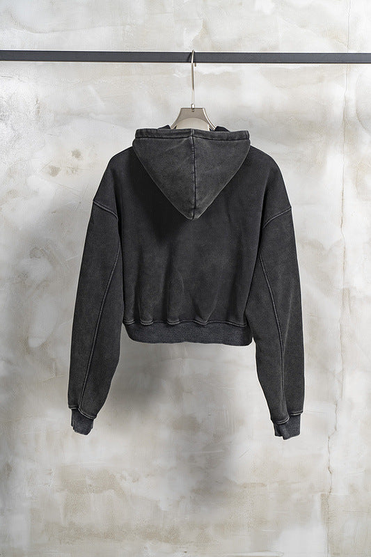 Vintage Washed Plush Shorts Hooded Women's Sweater