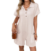 Turn-down Collar Buttoned Loose-fit Pocketed Short-sleeve Jumpsuit