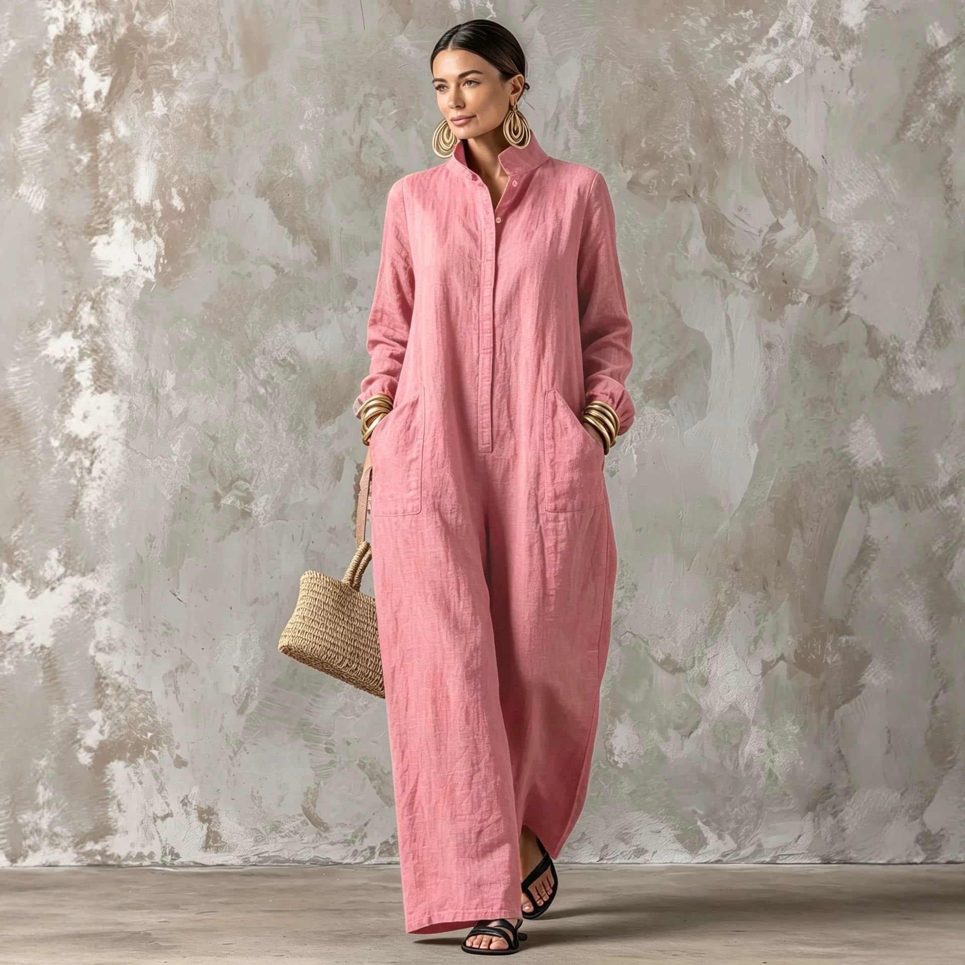 Chic Mandarin Collar Wide-Leg Long Sleeve Jumpsuit