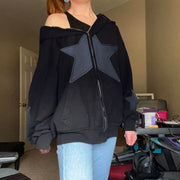 Star Patch Zip-Up Oversized Hoodie Streetwear