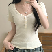 Slim Fit V-Neck Double‑Breasted Summer T‑Shirt – Textured Yellow