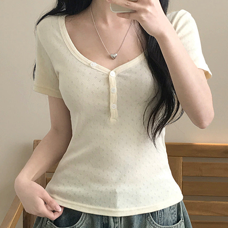 Slim Fit V-Neck Double‑Breasted Summer T‑Shirt – Textured Yellow