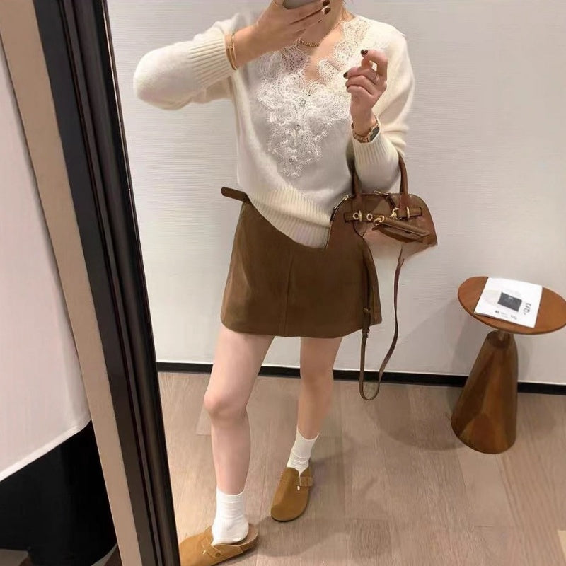 New Soft Creamy Lace-embellished Long-sleeve Sweater with a Pure Yet Seductive Vibe
