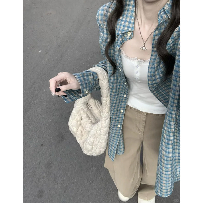 Early Spring New Blue Color Plaid Shirt For Women