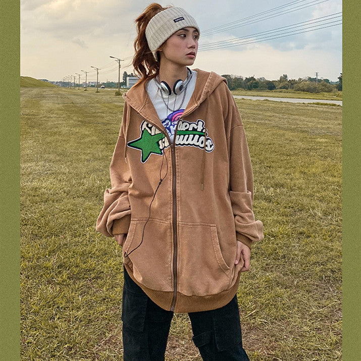 Retro Distressed Embroidered Hooded Cardigan Sweater