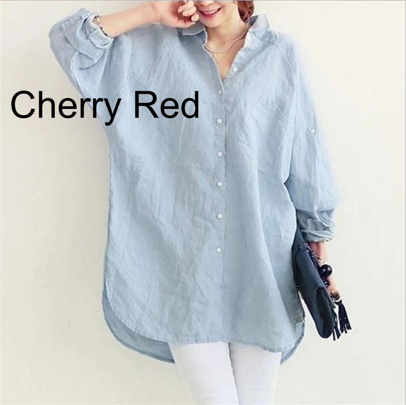 Plus Size Loose All-match Cotton And Linen Textured Shirt For Women