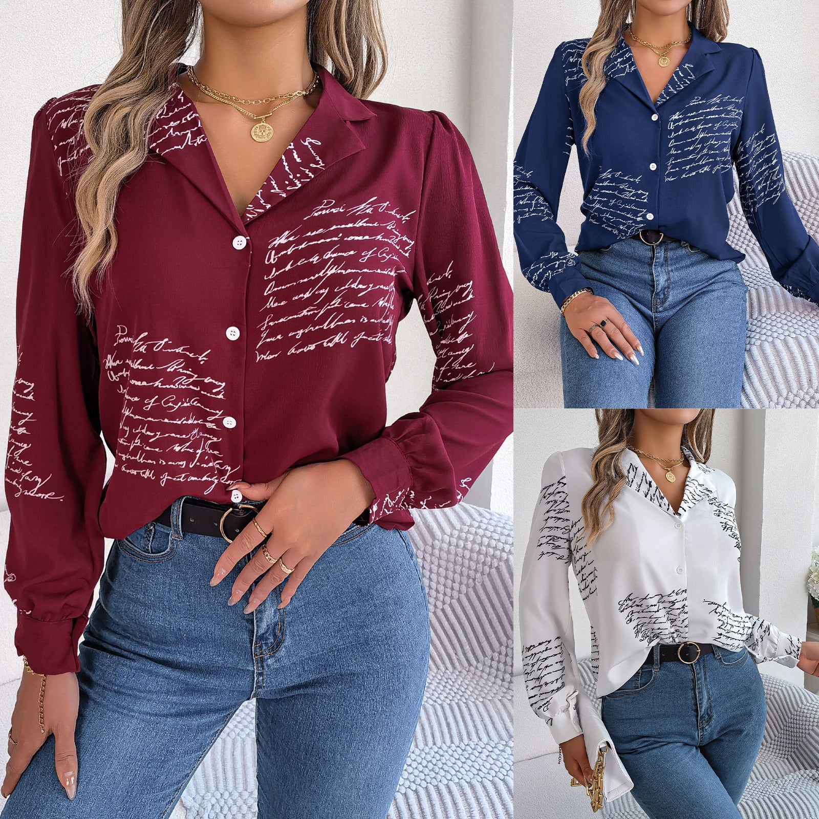 Womens CasualVersatile Longsleeve Shirt With A Lettered Blazer Collar