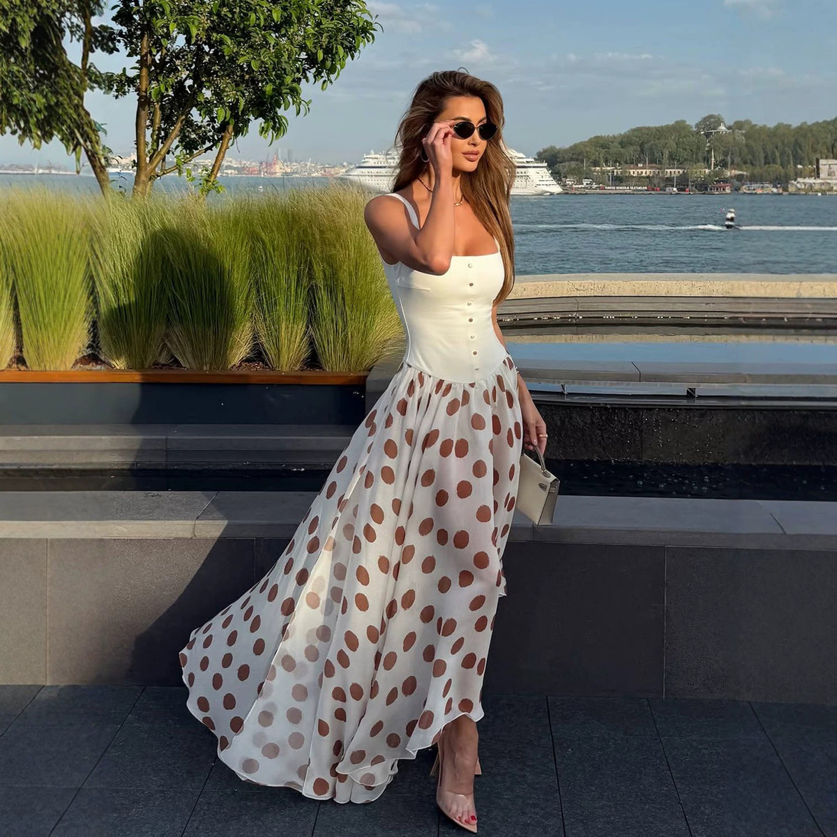 Polka Dot Chiffon Waist-Cinching Strapless Midi Dress