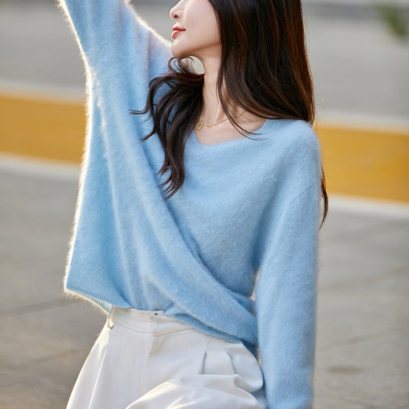 V-neck Cashmere Knit Women's Loose-fit Sweater