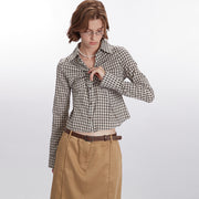 Plaid Pleated Design Shirt Womens Short Slim-Fit Long-Sleeve Top In A Sassy Style