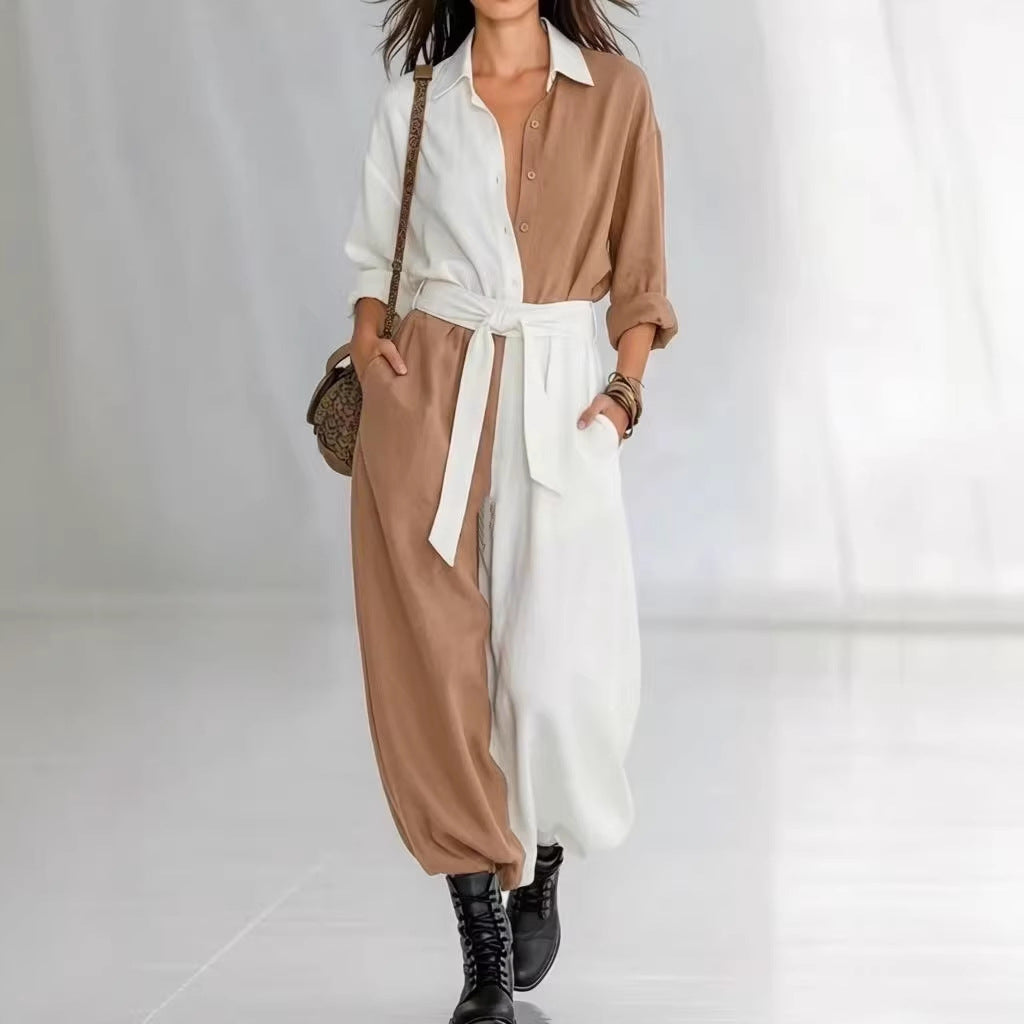 Spring Solid Colored Patchwork Long Sleeve Shirt Lace Up Jumpsuit
