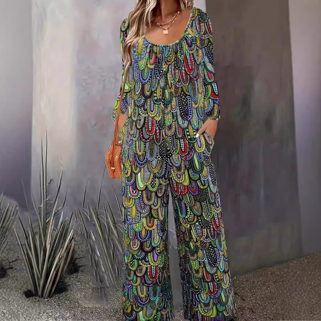 New Womens Printed Casual Crew-Neck Pocketed Loose Long-Sleeve Jumpsuit