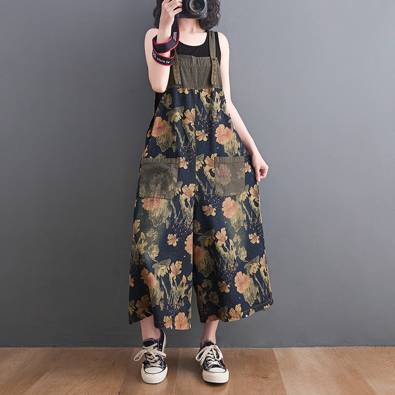 Korean Style Plus Size Fat Sister Printed Denim Wide Leg Suspender Pants