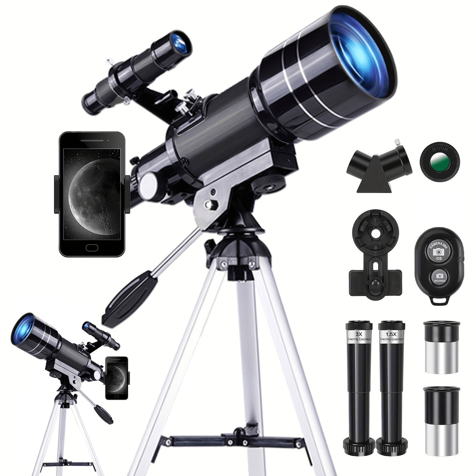 150X telescope, 70mm aperture telescope, suitable for adults, high magnification, portable astronomical telescope, with tripod phone holder, eyepiece, Barlow lens, perfect for viewing nature...