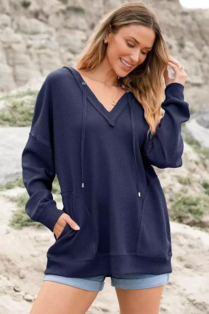 Women's V-Neck Waffle Knit Long-Sleeve Hoodie