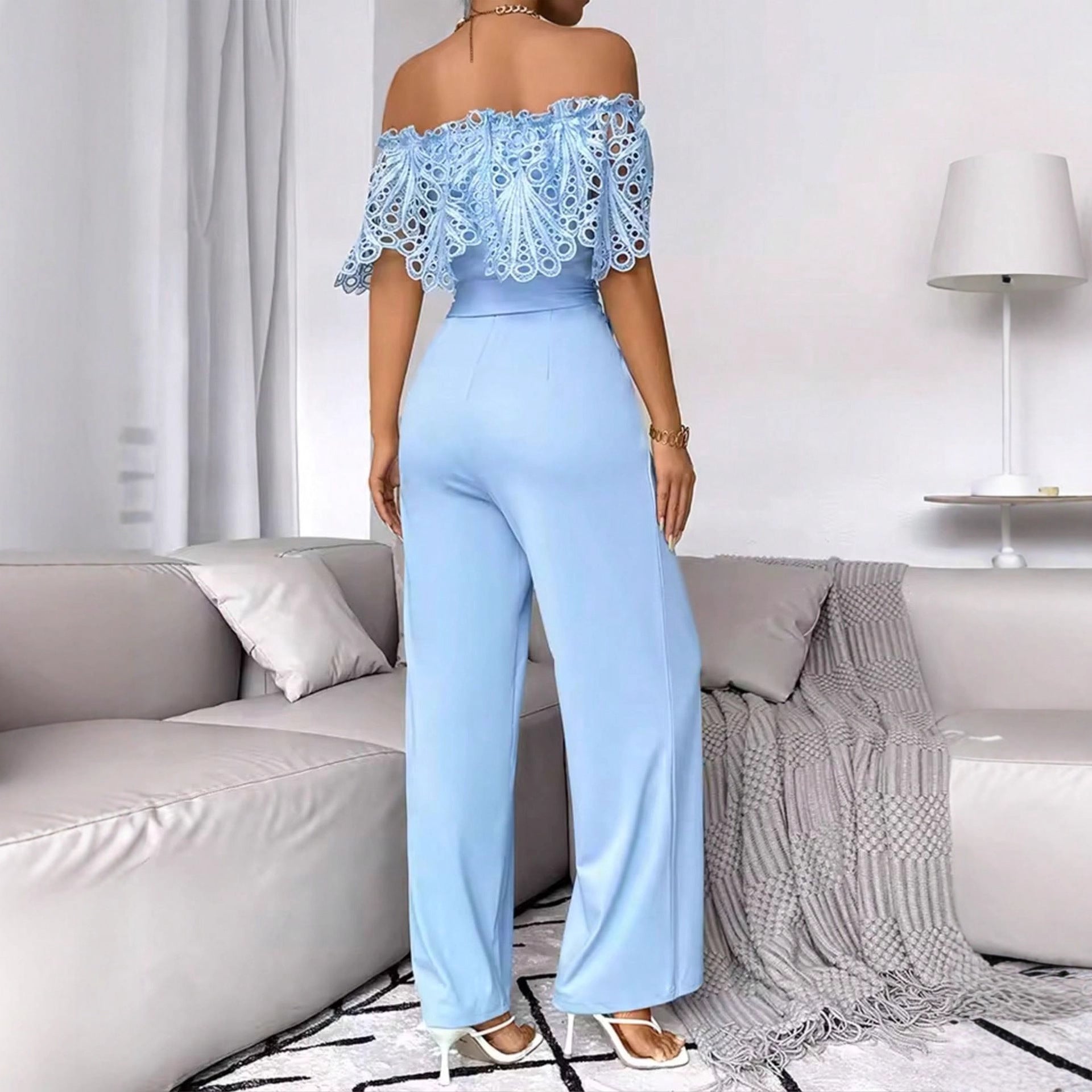 Womens Fashionable Sexy Off-Shoulder Jumpsuit With Ruffled Hem