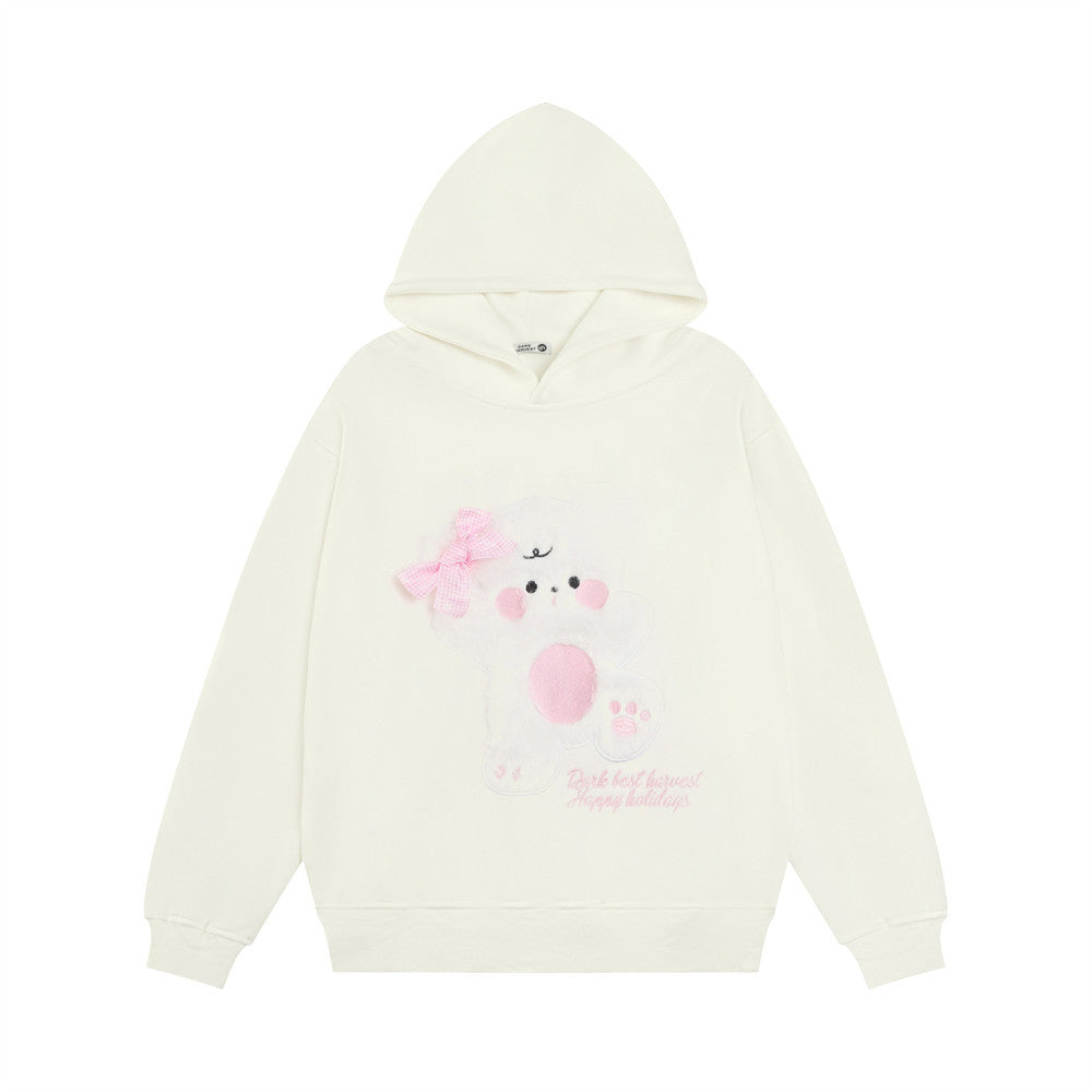 Cute Bear Bow Embroidered Hooded Sweatshirt