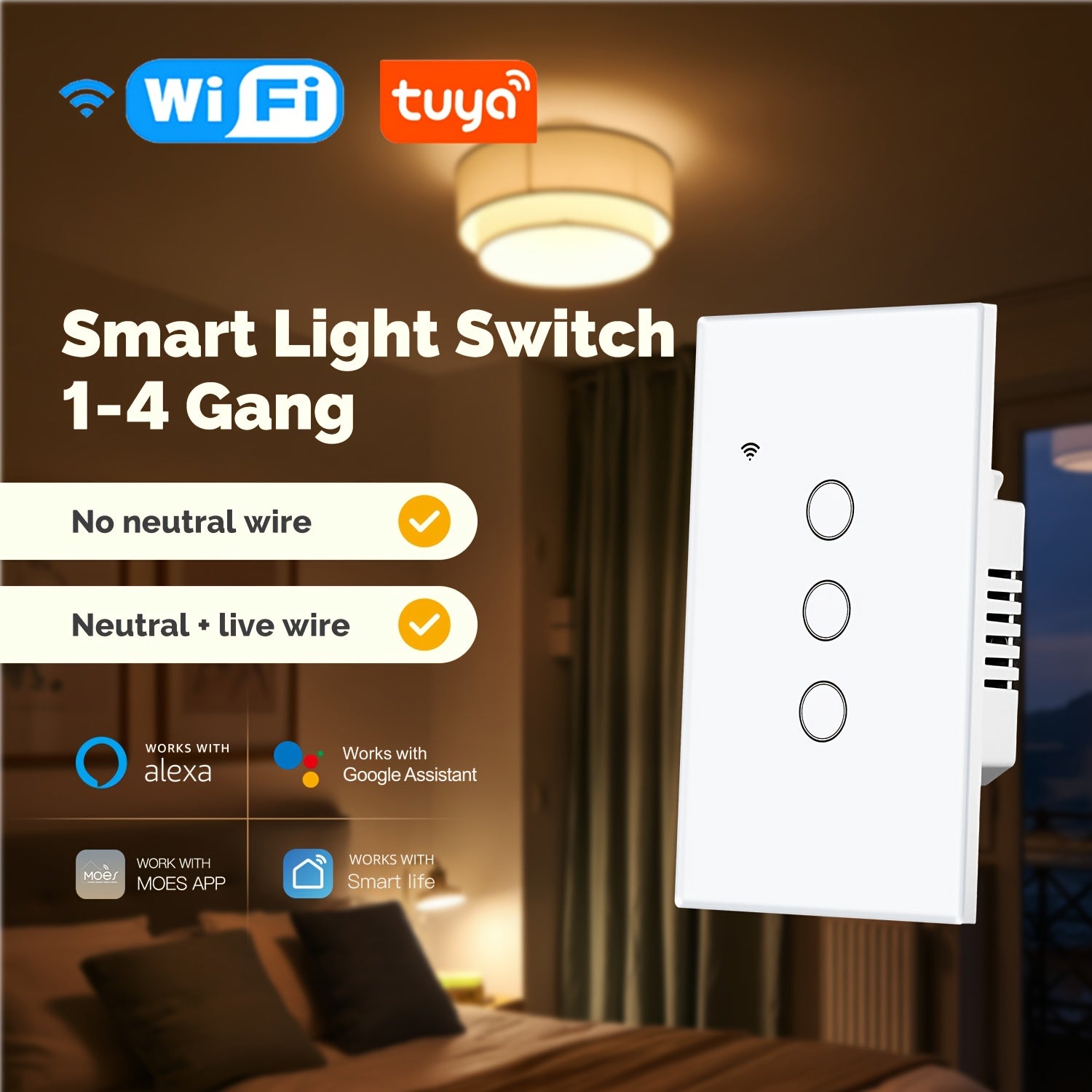 White Smart Wi‑Fi Touch Light Switch – No Neutral Wire Required, Alexa & Google Home Compatible, 110 V Single Pole, Timer Function
