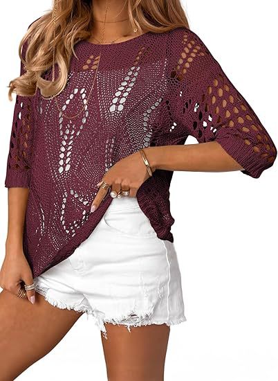 New Crocheted Hollow-out Knitted Top with Half Sleeves
