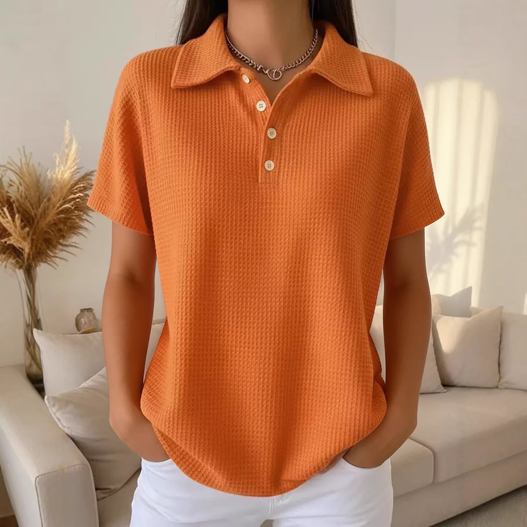 Elegant Loose-Fit Waffle Knit Short Sleeve Top – Vibrant Solid Colors