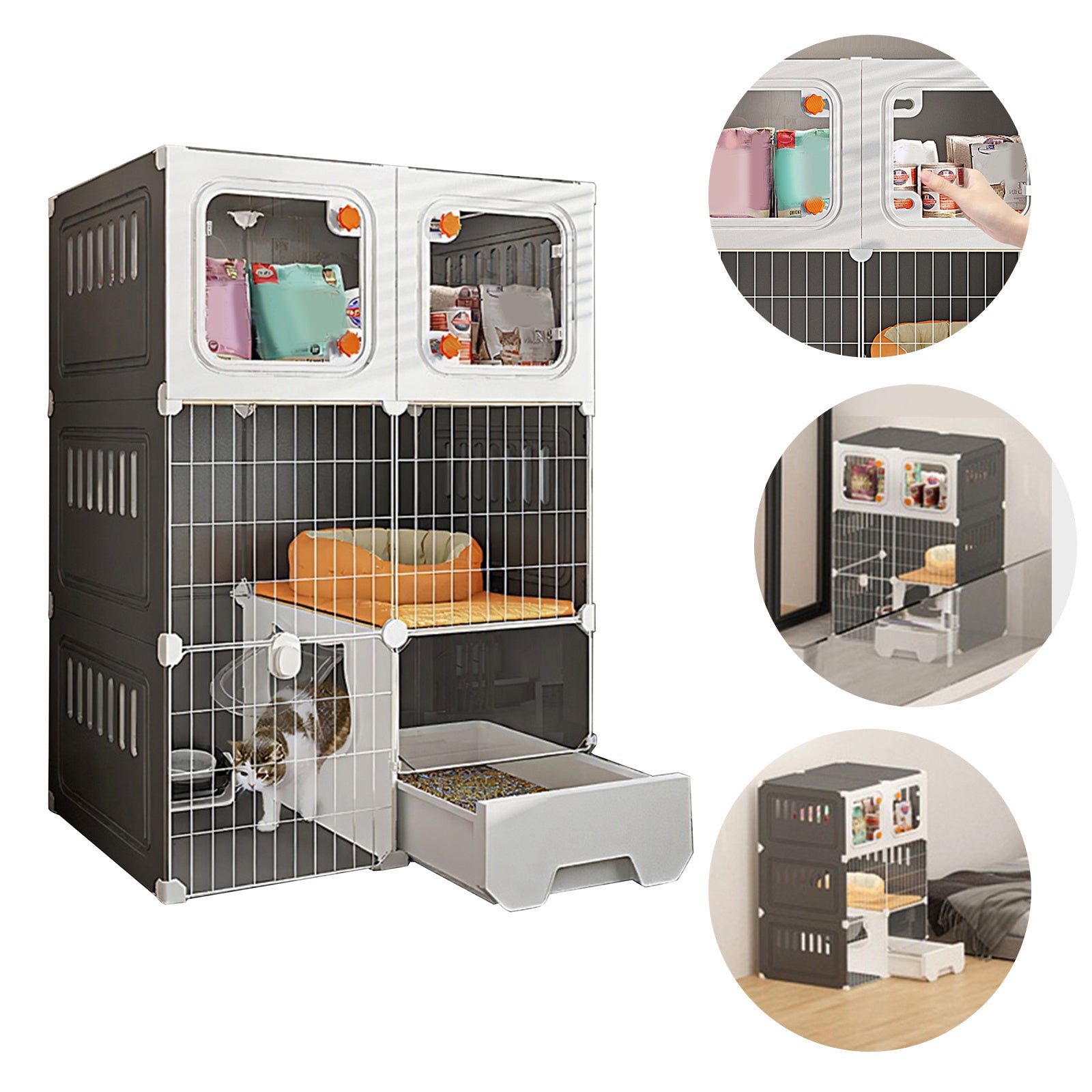 Large 43"X18"X29" All-In-One 3-Tier Cat Cage & House With Litter Box, Removable Bed & Ladder - Sturdy Plastic Multi-Level Indoor Cat Villa, Easy Assembly, Ventilated Enclosure For Large Breeds (Diy...