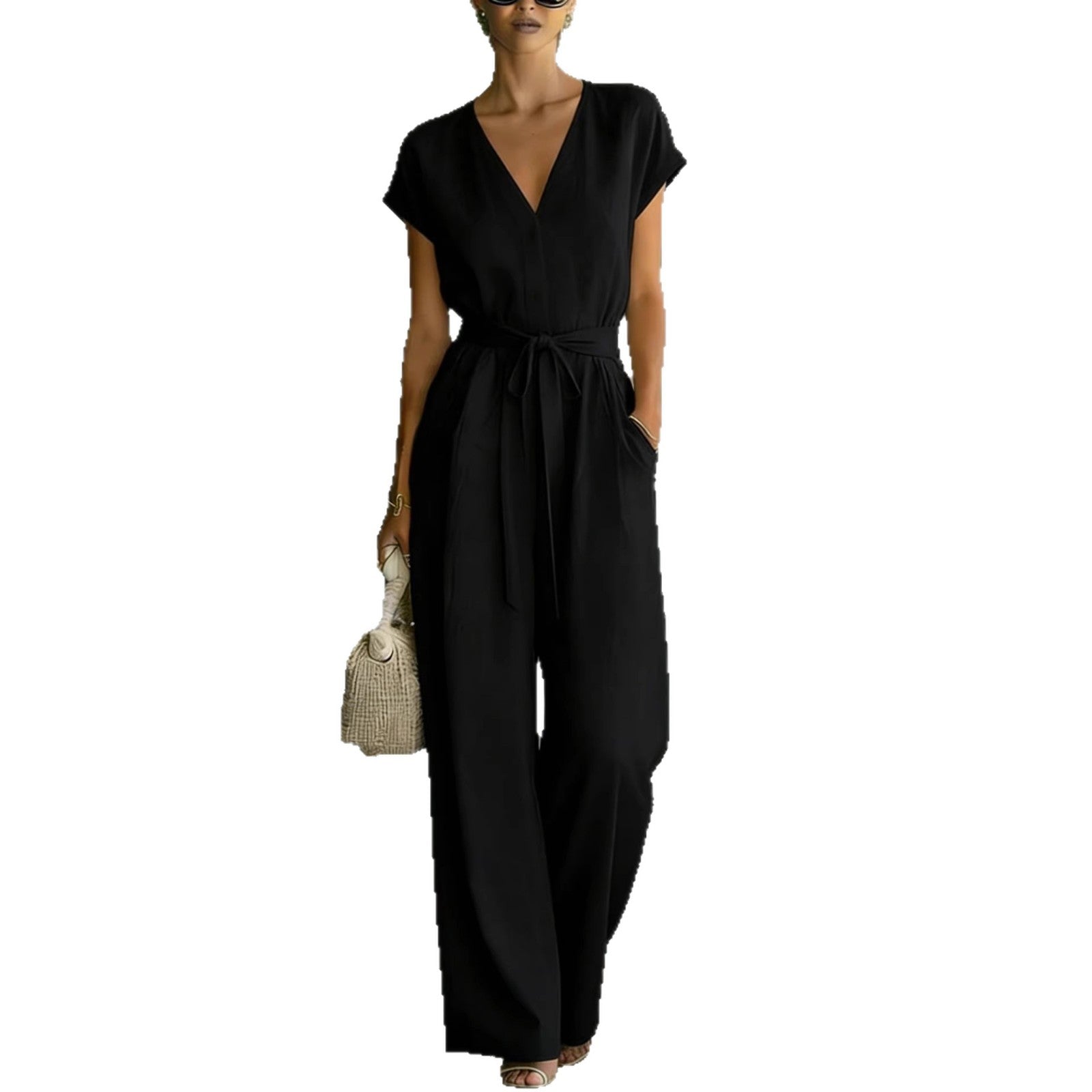 Elegant V-Neck Belted Button-Front Jumpsuit