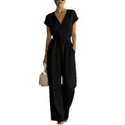 Elegant V-Neck Belted Button-Front Jumpsuit