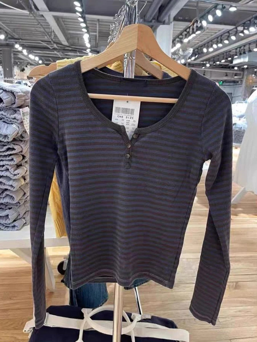 Sweet Striped Long Sleeve Cotton Women's Top