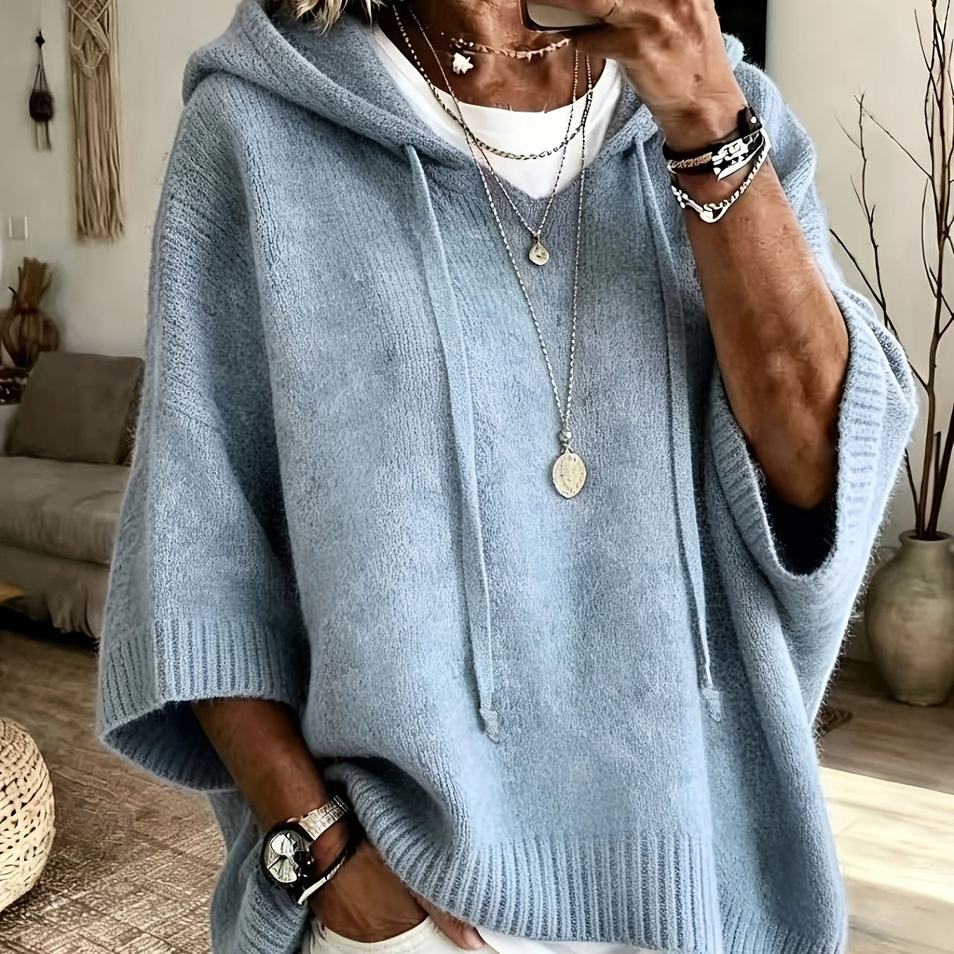 Plus Size Women's Casual Hooded Sweatshirt – Drawstring, Loose Fit for Spring and Autumn