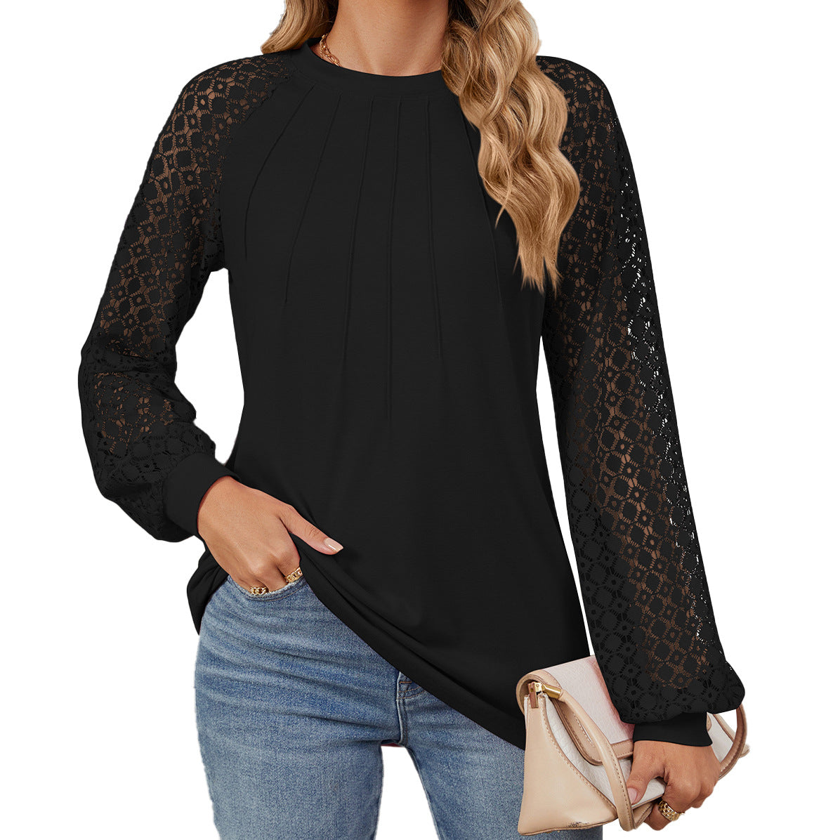 Chic Lace Long Sleeve Round Neck Pullover Top