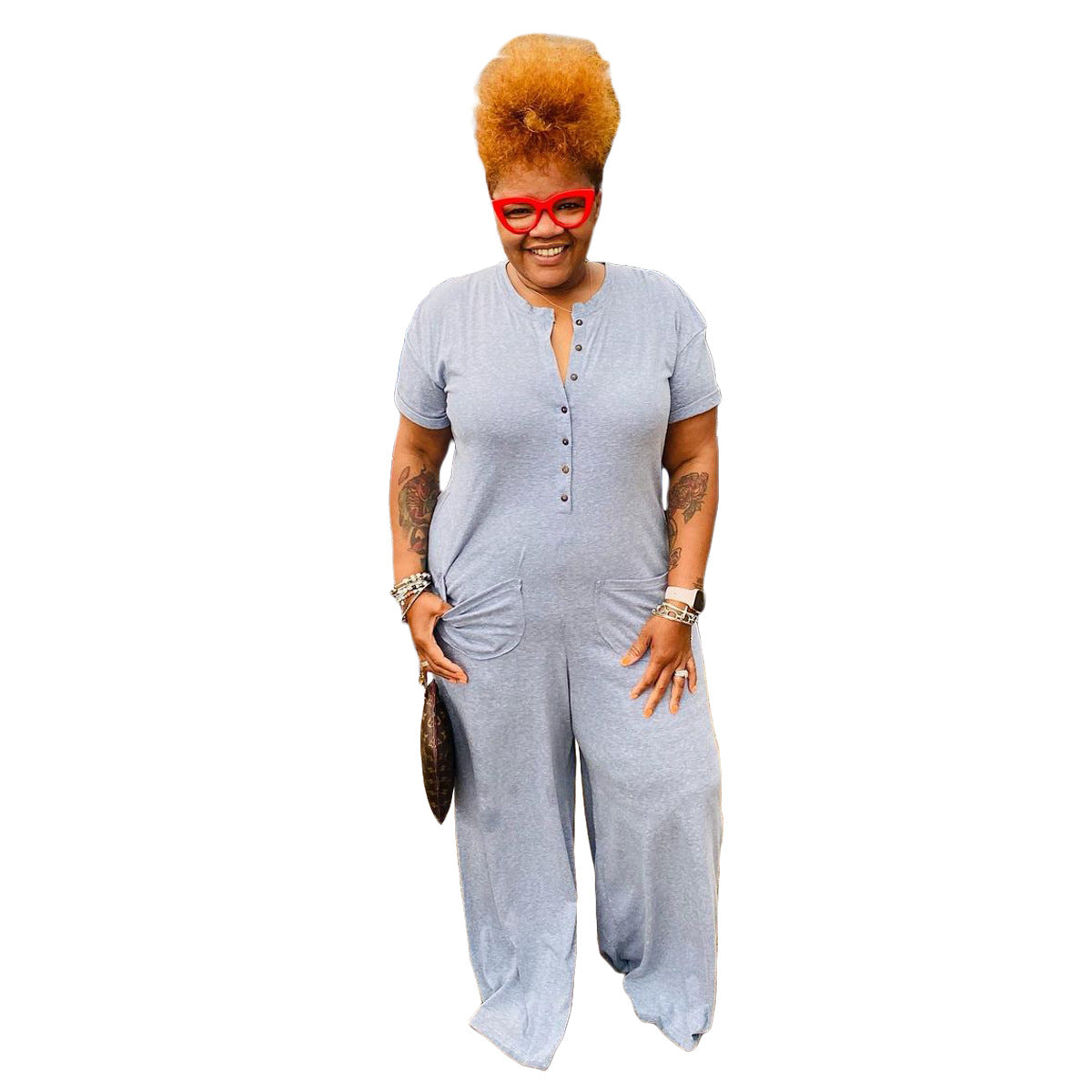 Plus-Size Casual Buttoned Jumpsuit
