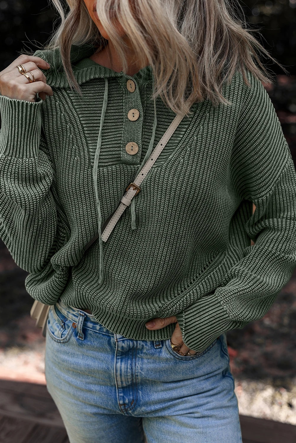 Women's Washed Rib Button Hoodie with Drawstrings Sweater