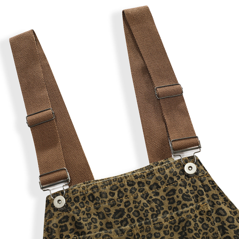 Men's High Street Leopard Print Denim Suspender Pants