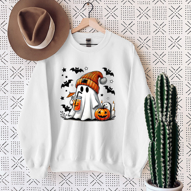 Women's Cute Halloween Ghost & Pumpkin Graphic Sweatshirt