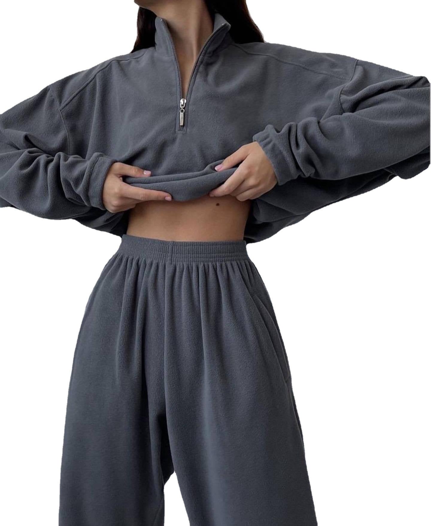 Cozy Fleece High-Collar Pullover Sweatshirt Set