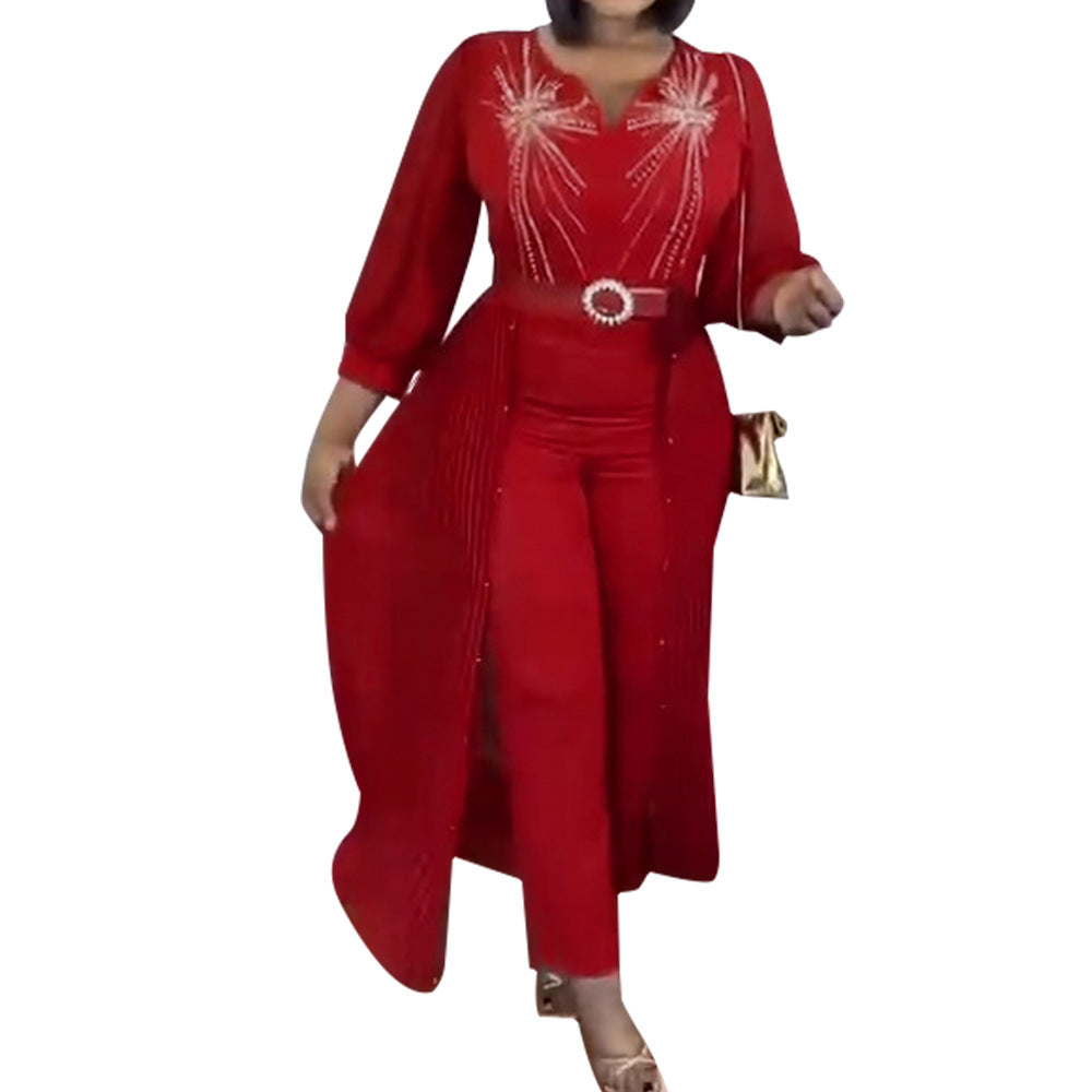 Elegant Rhinestone False Two-Piece Belted Dress
