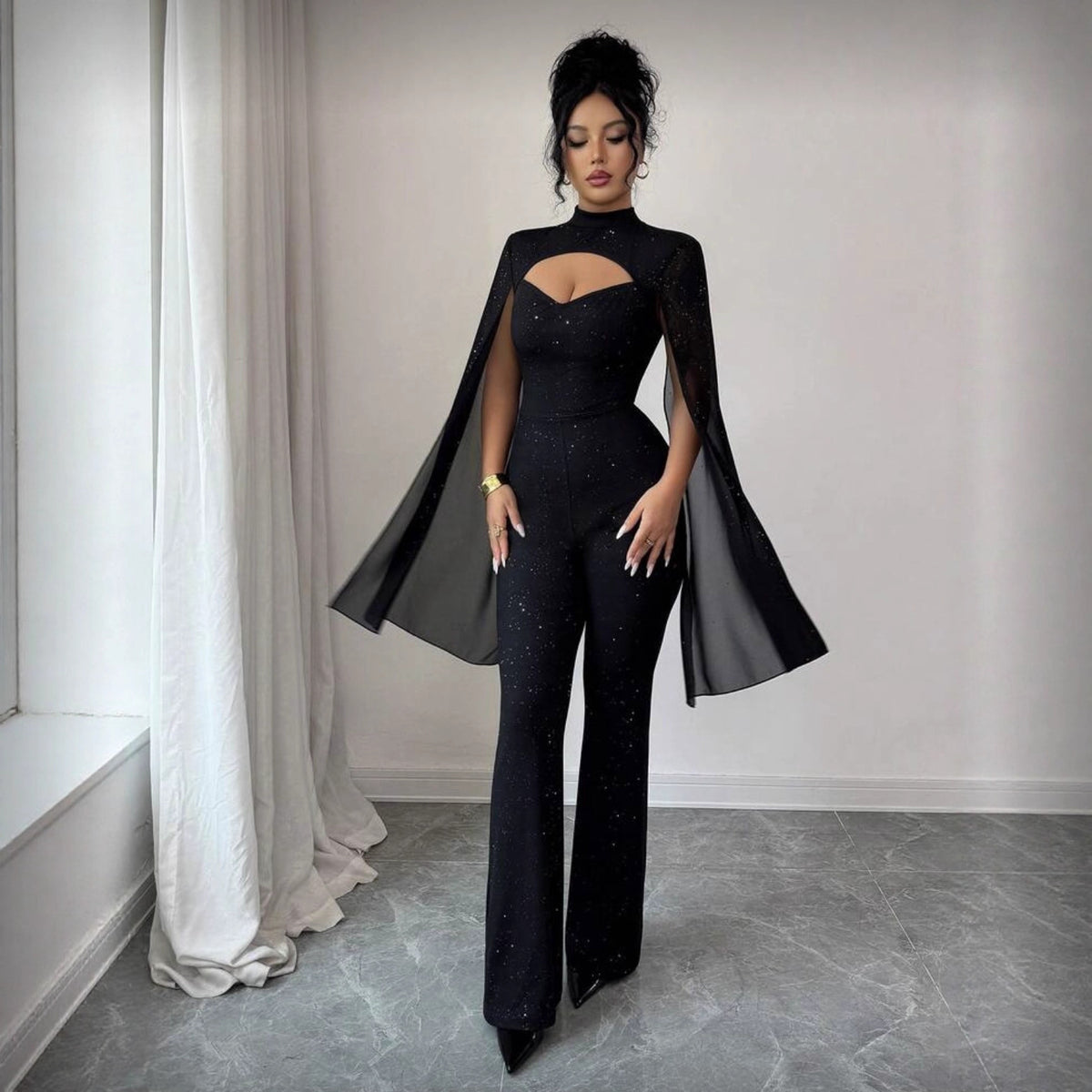 Elegant Cape-Style Ribbed Bodycon Jumpsuit