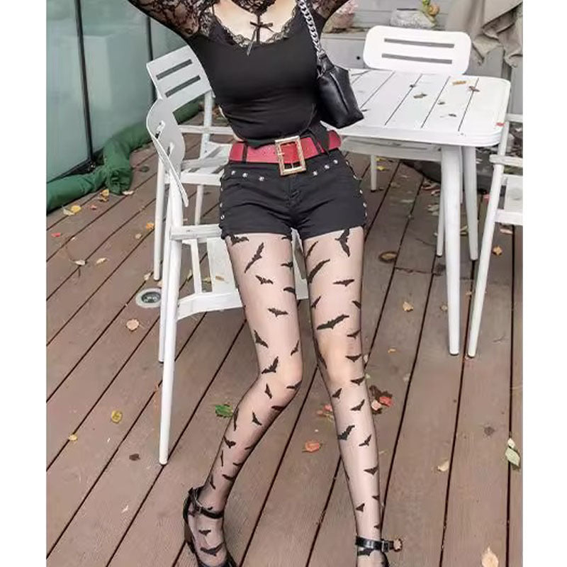 Black Punk Bat Print Opaque Jumpsuit Stockings