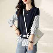 Graceful Striped False Two-Piece Women's Patchwork Sweater