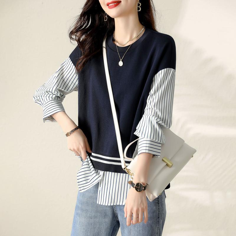 Graceful Striped False Two-Piece Women's Patchwork Sweater