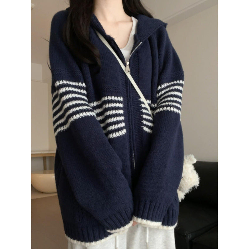 Hong Kong Style Chic Hooded Knit Cardigan Sweater Coat