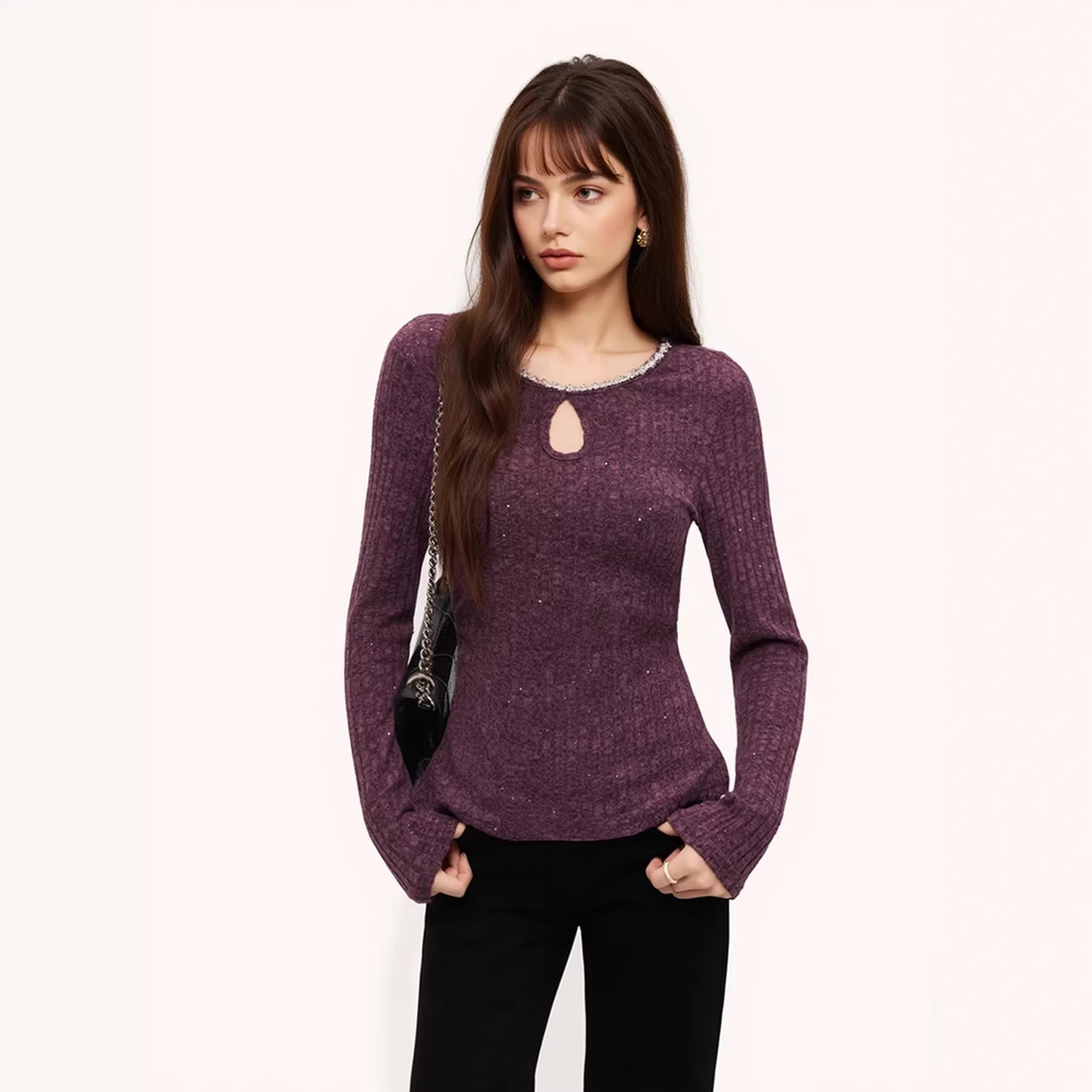 Purple Slim-Fit Long Sleeve Top – Cozy Autumn Winter Shirt